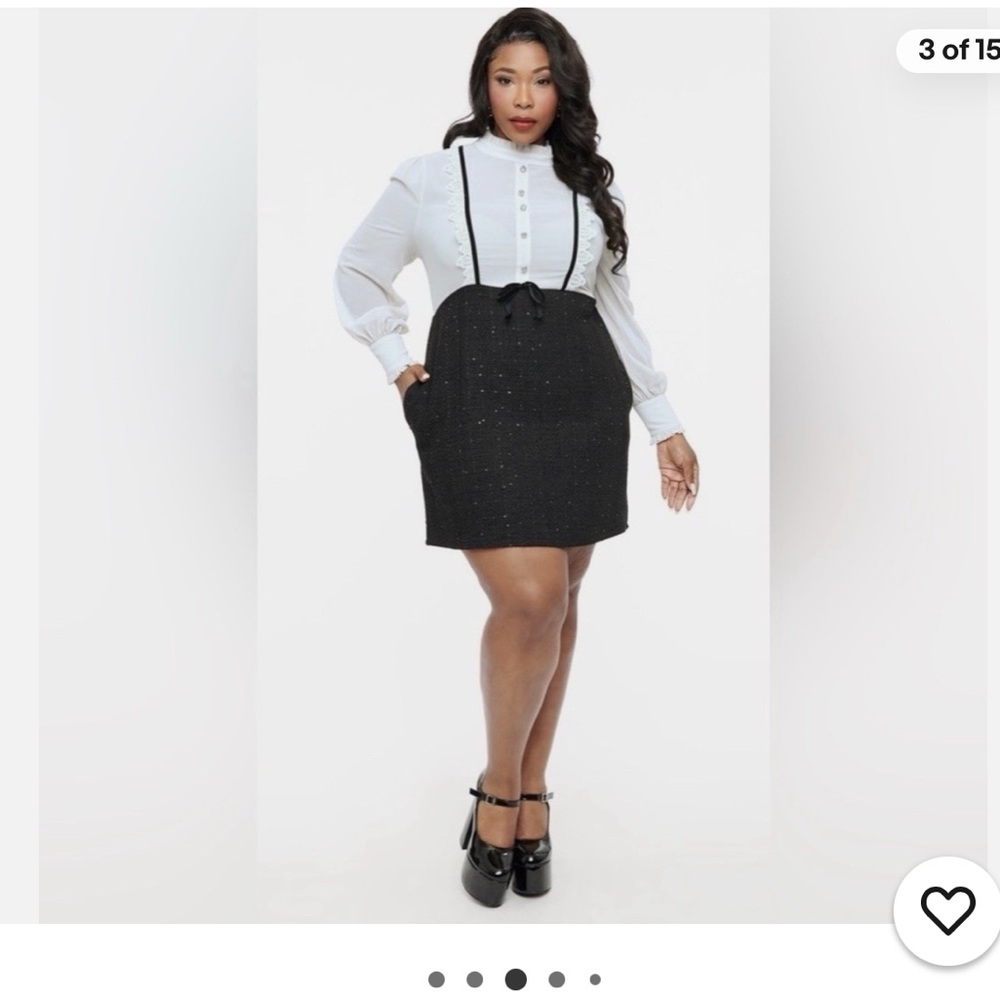 Unique Vintage 1960s Black & White Ruffle Neck A-Line Mini Dress
